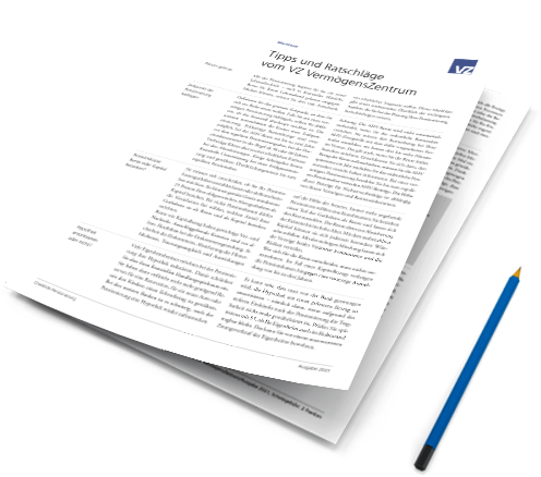 Zweiseitiges Merkblatt mit blauem Bleistift – Informationsmaterial vom VZ VermögensZentrum