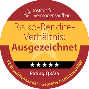 Auszeichnung Risiko-Rendite-Verhältnis ‚Ausgezeichnet‘ für VZ Einzeltitelmandat, Rating Q3/25 Auszeichnung Risiko-Rendite-Verhältnis ‚Ausgezeichnet‘ für VZ Einzeltitelmandat, Rating Q3/25