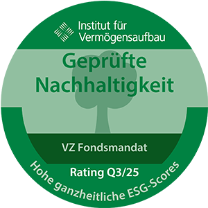 Nachhaltigkeitssiegel 2025: VZ Fondsmandat mit ganzheitlichem ESG-Score ausgezeichnet Nachhaltigkeitssiegel 2025: VZ Fondsmandat mit ganzheitlichem ESG-Score ausgezeichnet